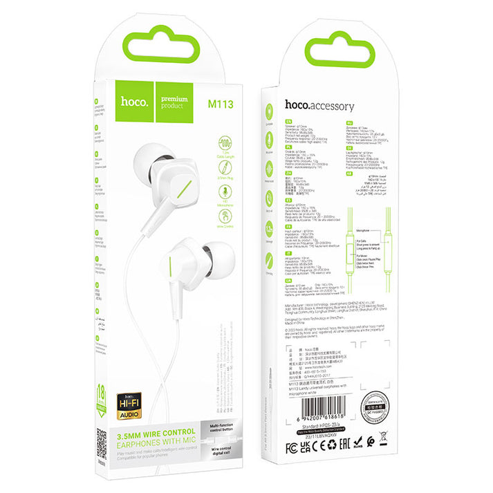 M113 Clear universal digital earphones with microphone AUX - white - Saif Al Najmi Kw