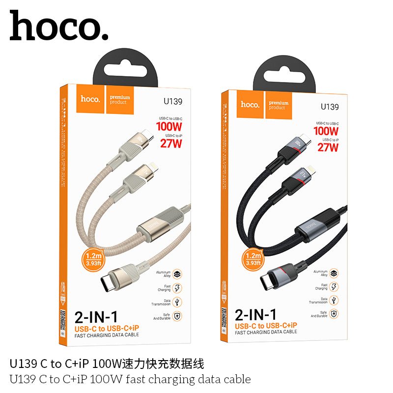 HOCO U139 2 - in - 1 Fast Charging Cable – Type - C to Type - C + iPhone, 100W/27W - Saif Al Najmi KwData CablesHocoSaif Al Najmi KwHOCO U139 2 - in - 1 Fast Charging Cable – Type - C to Type - C + iPhone, 100W/27W - Saif Al Najmi Kw