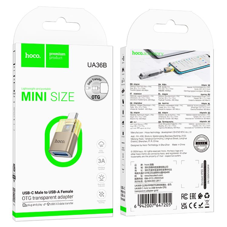 Hoco UA36B USB - C / Type - C Male to USB Female OTG Transparent Adapter – Gold - Saif Al Najmi KwOTG/ConnectorsHocoSaif Al Najmi KwHoco UA36B USB - C / Type - C Male to USB Female OTG Transparent Adapter – Gold