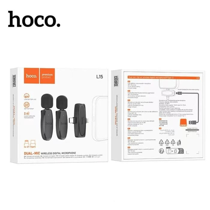 Hoco L15 Dual Wireless Lavalier Microphone – Type-C & Lightning Receivers for iPhone & Android - Saif Al Najmi Kw