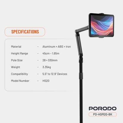 Porodo 360° Rotatable Phone & Tablet Floor Stand 1.65m