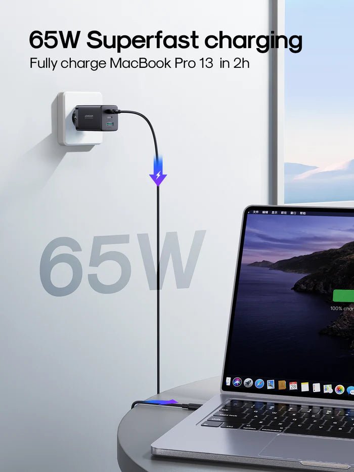 Joyroom GaN Ultra 65W 2C1A Fast Charger + 100W Type - C to Type - C Cable 1.2m – TCG01 - Saif Al Najmi KwChargersJOYROOMSaif Al Najmi KwJR-TCG01131335GaN Ultra 65W 2C1A Fast Charger+100W C to C Cable 1.2m - TCG01 - Saif Al Najmi Kw