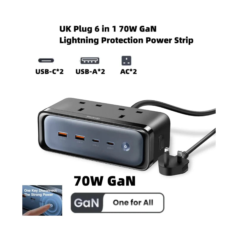Mcdodo CH-459 70W 6-in-1 GaN Power Strip with Lightning Protection - Black - Saif Al Najmi Kw