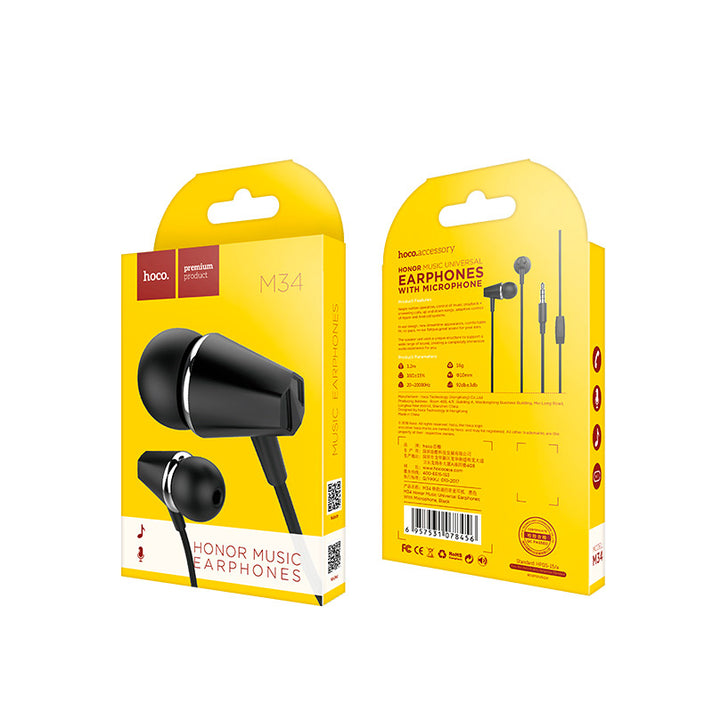 M34 honor music universal earphones with microphone - black - Saif Al Najmi Kw
