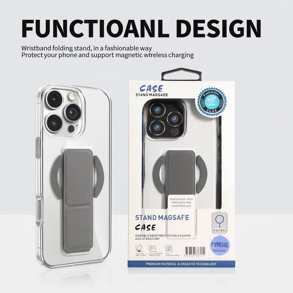 MagSafe Stand Case with Foldable Wristband Grip – Magnetic Wireless Charging Compatible