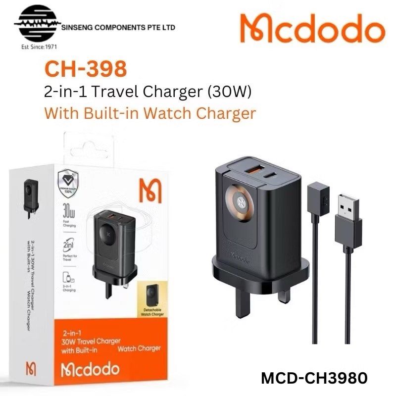 Mcdodo CH-398 30W 2-in-1 UK Travel Charger 3Pin USB A + USB C + Watch Charger - Saif Al Najmi Kw