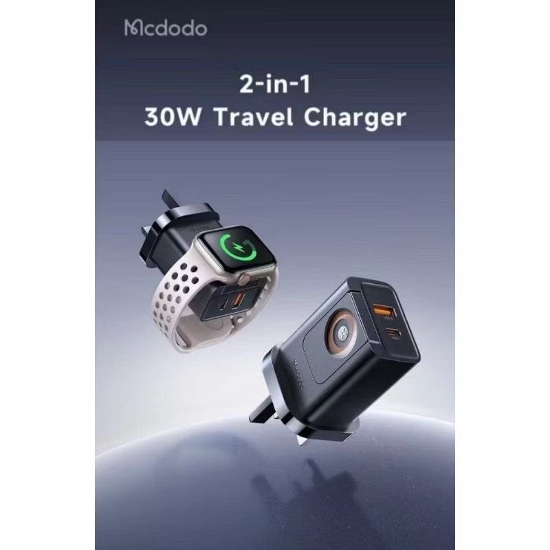 Mcdodo CH-398 30W 2-in-1 UK Travel Charger 3Pin USB A + USB C + Watch Charger - Saif Al Najmi Kw