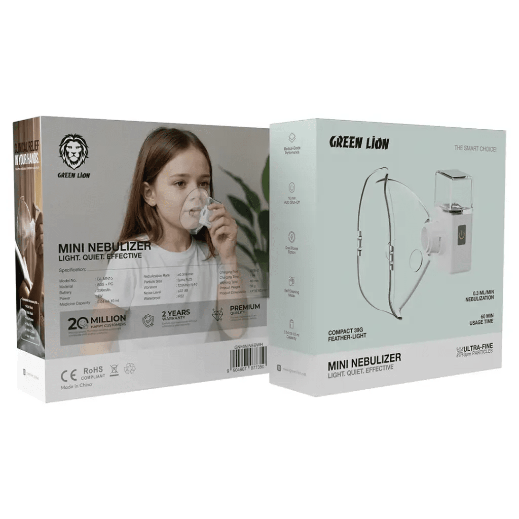 Mini Nebulizer Portable Mesh Inhaler USB Rechargeable Green Lion - White - Saif Al Najmi KwNebulizerGreen LionSaif Al Najmi KwMini Nebulizer Portable Mesh Inhaler USB Rechargeable Green Lion - White