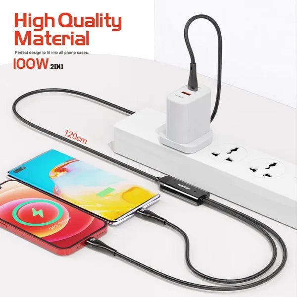 MOXOM 100W 2 - in - 1 Fast Charging Cable - Type - C to Type - C & Lightning, Nylon Braided, Black - Saif Al Najmi KwData CablesMOXOMSaif Al Najmi KwMX-CB156131560MOXOM 100W 2 In 1 Multi Charging Fast Charger Data Cable Nylon Braided Type - C to Type - C Lightning Data Cable - Black - Saif Al Najmi Kw