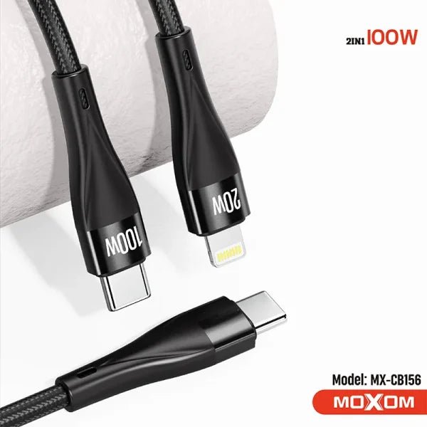 MOXOM 100W 2 - in - 1 Fast Charging Cable - Type - C to Type - C & Lightning, Nylon Braided, Black - Saif Al Najmi KwData CablesMOXOMSaif Al Najmi KwMX-CB156131560MOXOM 100W 2 In 1 Multi Charging Fast Charger Data Cable Nylon Braided Type - C to Type - C Lightning Data Cable - Black - Saif Al Najmi Kw