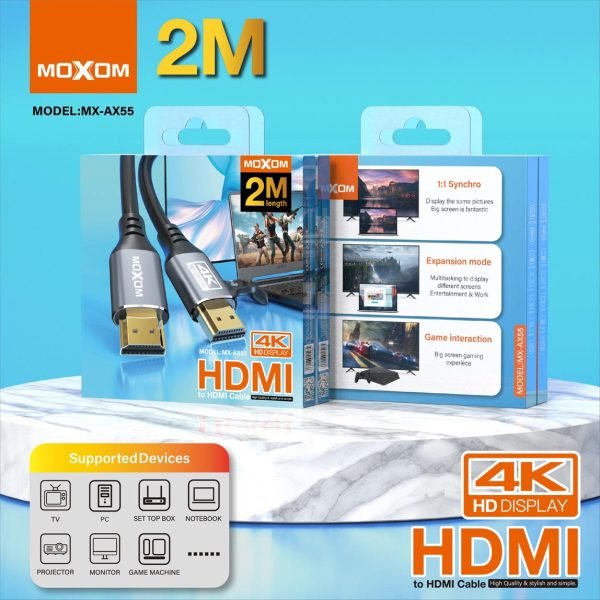 MOXOM MX - AX55 HDMI To HDMI 2.0 Cable Support 4K HD Display TV Projector Monitor Game Machine Universal 2 Meter AX55 - Saif Al Najmi KwData CablesMOXOMSaif Al Najmi KwMX-AX55131945MOXOM MX - AX55 HDMI To HDMI 2.0 Cable Support 4K HD Display TV Projector Monitor Game Machine Universal 2 Meter AX55 - Saif Al Najmi Kw