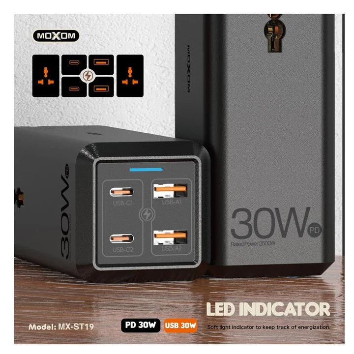 MOXOM MX - ST19 PD 30W 6 IN 1 2M UNIVERSAL SOCKET FAST CHARGER - Saif Al Najmi KwDesktop ChargersMOXOMSaif Al Najmi KwMOXOM MX - ST19 PD 30W 6 IN 1 2M UNIVERSAL SOCKET FAST CHARGER - Saif Al Najmi Kw