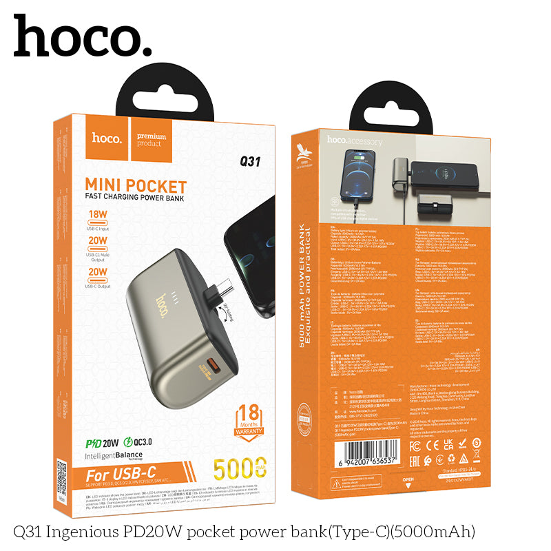 HOCO Q31 Ingenious PD20W 5000mAh Pocket Power Bank (Type-C) - Fast Charging & Portable - Saif Al Najmi Kw