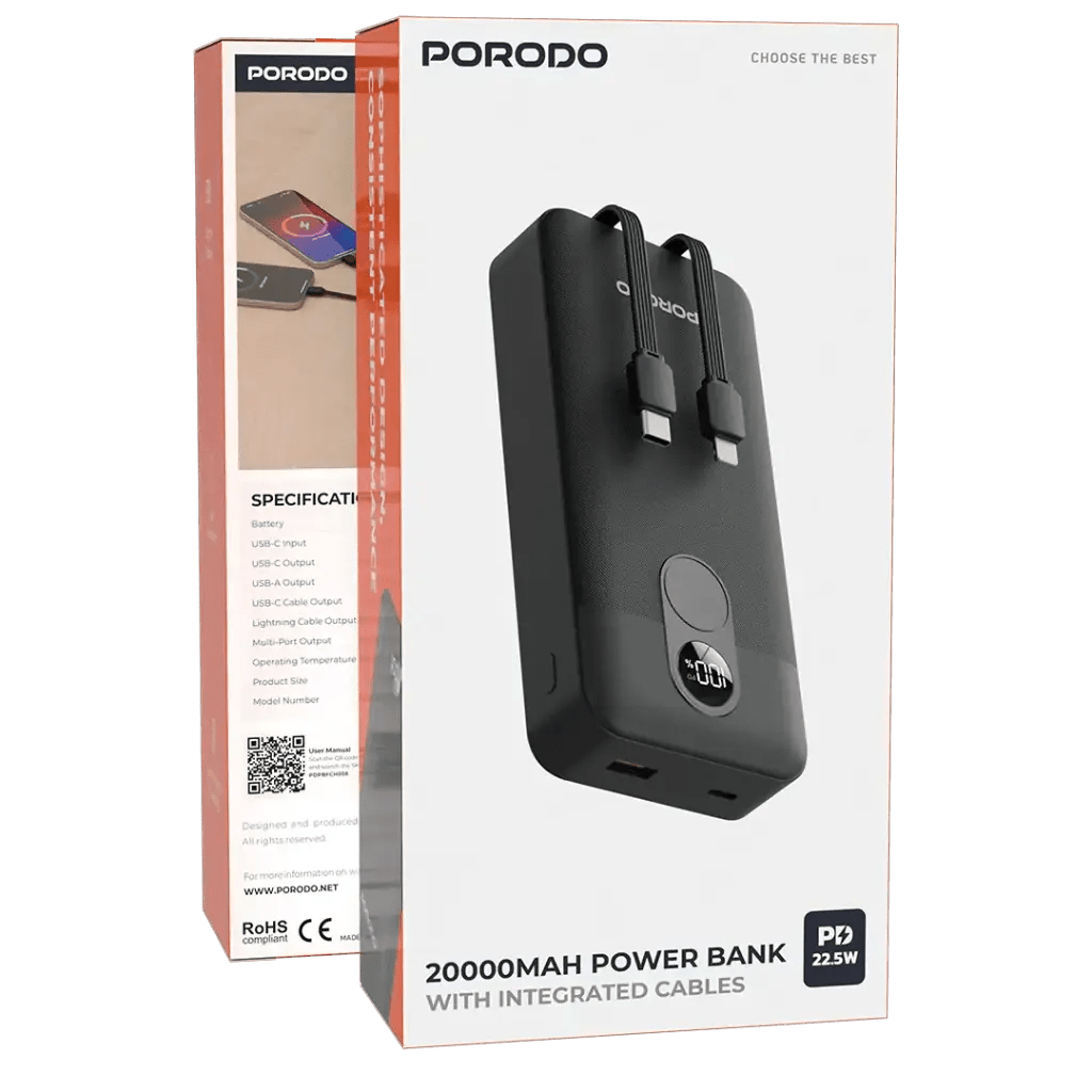 Porodo 20000mAh Powerbank with Integrated Cable - Saif Al Najmi KwPowerbankPorodoSaif Al Najmi KwPorodo 20000mAh Powerbank with Integrated Cable