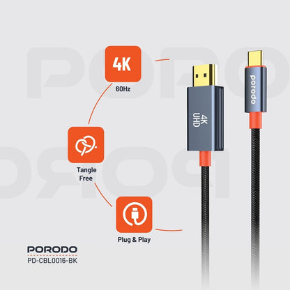 Porodo 2M Woven Cable Type - C to HDMI - Black - Saif Al Najmi KwCables & AdaptersPorodoSaif Al Najmi KwPorodo 2M Woven Cable Type - C to HDMI - Black