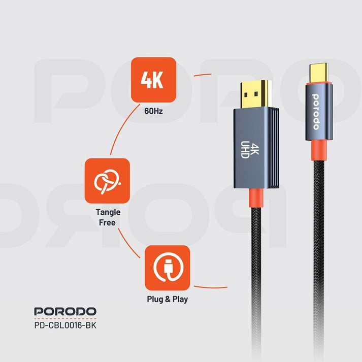 Porodo 2M Woven Cable Type - C to HDMI - Black - Saif Al Najmi KwCables & AdaptersPorodoSaif Al Najmi KwPorodo 2M Woven Cable Type - C to HDMI - Black