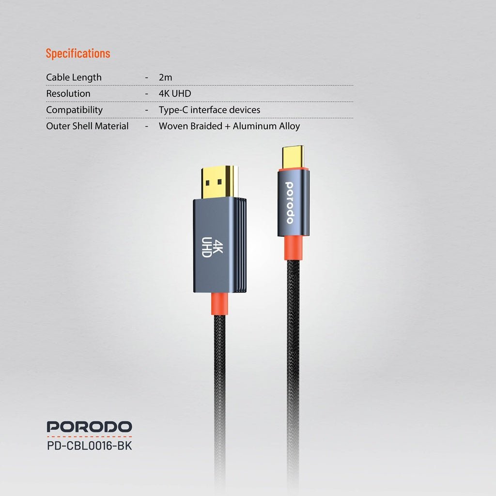 Porodo 2M Woven Cable Type - C to HDMI - Black - Saif Al Najmi KwCables & AdaptersPorodoSaif Al Najmi KwPorodo 2M Woven Cable Type - C to HDMI - Black