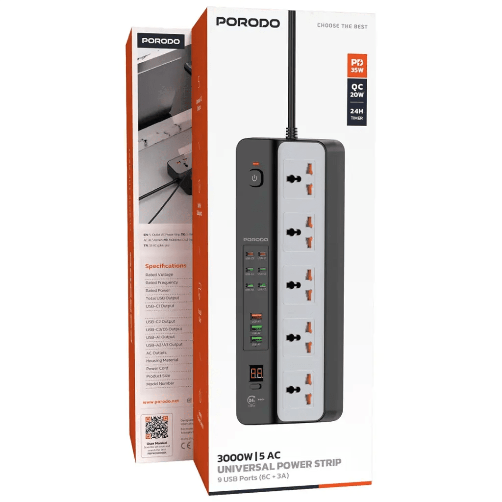 Porodo 3000W Power Strip 5AC Universal With 9 USB Ports Black - Saif Al Najmi KwExtension Power SocketPorodoSaif Al Najmi KwPorodo 3000W Power Strip 5AC Universal With 9 USB Ports Black