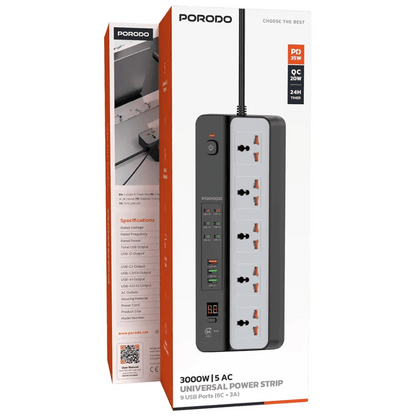 Porodo 3000W Power Strip 5AC Universal With 9 USB Ports Black - Saif Al Najmi KwExtension Power SocketPorodoSaif Al Najmi KwPorodo 3000W Power Strip 5AC Universal With 9 USB Ports Black