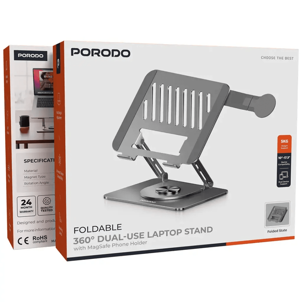 Porodo 360° Foldable Laptop Stand with MagSafe Holder Gray - Saif Al Najmi Kwlaptop standPorodoSaif Al Najmi KwPorodo 360° Foldable Laptop Stand with MagSafe Holder Gray