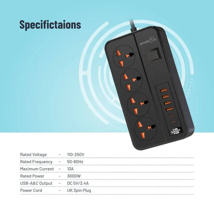 Porodo Blue 4 AC Power Strip Multi Socket Extension - Saif Al Najmi KwExtension Power SocketPorodoSaif Al Najmi KwPorodo Blue 4 AC Power Strip Multi Socket Extension