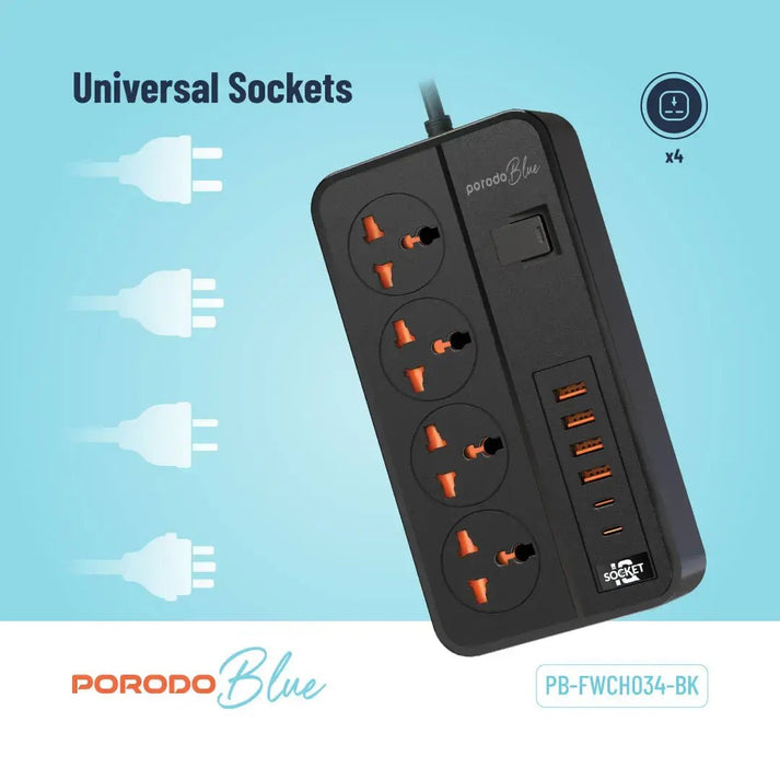 Porodo Blue 4 AC Power Strip Multi Socket Extension - Saif Al Najmi KwExtension Power SocketPorodoSaif Al Najmi KwPorodo Blue 4 AC Power Strip Multi Socket Extension