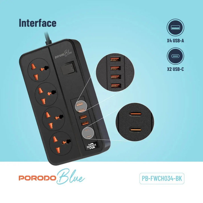 Porodo Blue 4 AC Power Strip Multi Socket Extension - Saif Al Najmi KwExtension Power SocketPorodoSaif Al Najmi KwPorodo Blue 4 AC Power Strip Multi Socket Extension