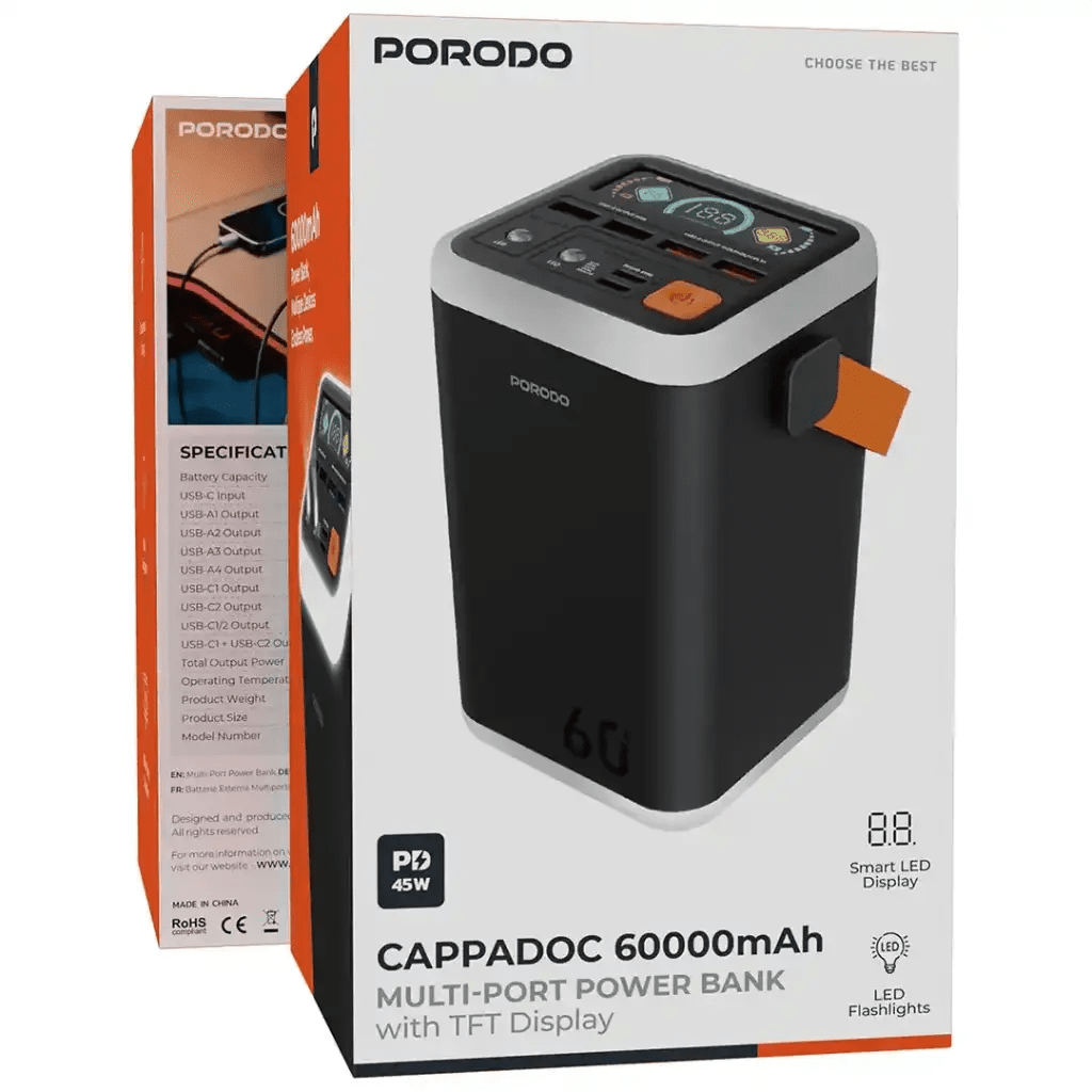 Porodo Cappadoc 60000mAh Multi - Port Power Bank with TFT Display - Saif Al Najmi KwPower BankPorodoSaif Al Najmi KwPorodo Cappadoc 60000mAh Multi - Port Power Bank with TFT Display