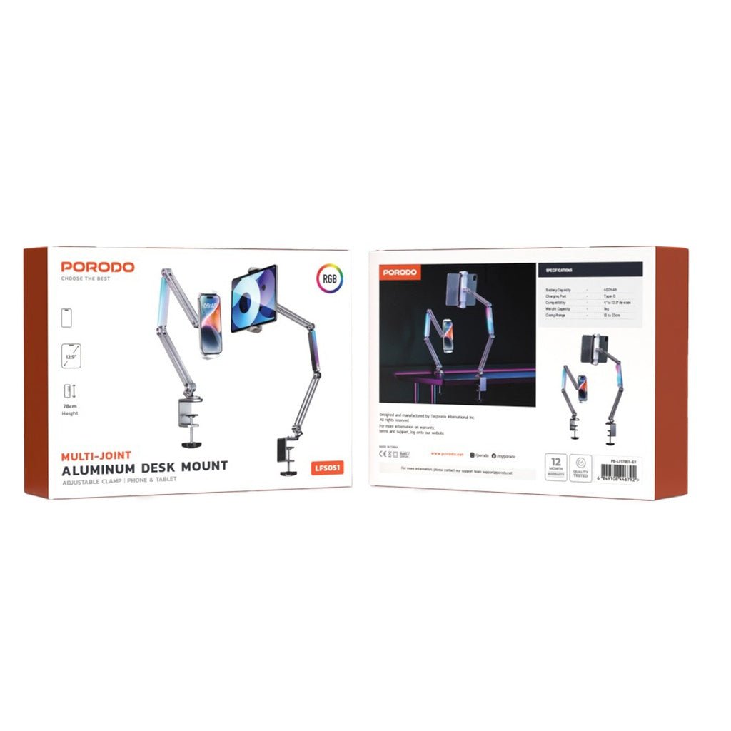 Porodo Multi Joint Aluminum Desk Mount RGB Phone Tablet Holder - Saif Al Najmi Kwlaptop standPorodoSaif Al Najmi KwPorodo Multi Joint Aluminum Desk Mount RGB Phone Tablet Holder