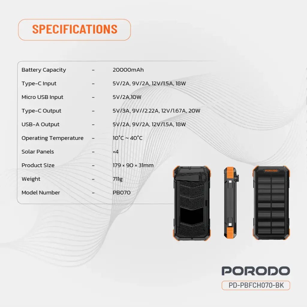 Porodo Power Bank 20000mAh 4 - Panel Solar - Black - Saif Al Najmi KwSolar Power BankPorodoSaif Al Najmi KwPorodo Power Bank 20000mAh 4 - Panel Solar - Black