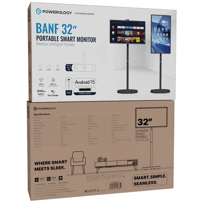 Powerology Banf 32" Portable Smart Monitor – 38400mAh Battery, Android Touch Display (Gray) - Saif Al Najmi KwSmart TVpowerologySaif Al Najmi KwPowerology Banf 32" Portable Smart Monitor – 38400mAh Battery, Android Touch Display (Gray)