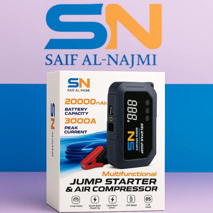 SN 20000mAh Multifunctional Jump Starter & Air Compressor – 3000A Peak Car Booster Power Bank - Saif Al Najmi KwCar Jump StarterSaif Al NajmiSaif Al Najmi KwSN 20000mAh Multifunctional Jump Starter & Air Compressor – 3000A Peak Car Booster Power Bank