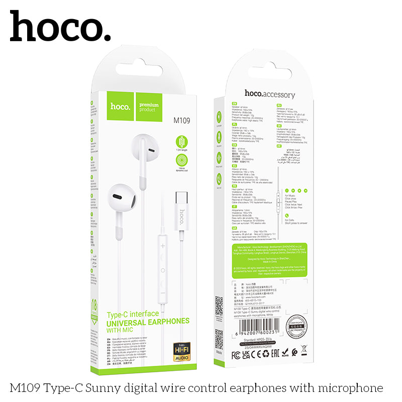 M109 Type-C Sunny digital wire control earphones with microphone - white - Saif Al Najmi Kw
