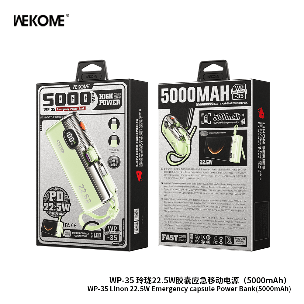 WEKOME WP - 35 Emergency Capsule Power Bank 5000mAh – 22.5W Fast Charging + LED Flashlight - Saif Al Najmi KwWireless Power BankswekomeSaif Al Najmi KwGreenWEKOME WP - 35 Emergency Capsule Power Bank 5000mAh – 22.5W Fast Charging + LED Flashlight