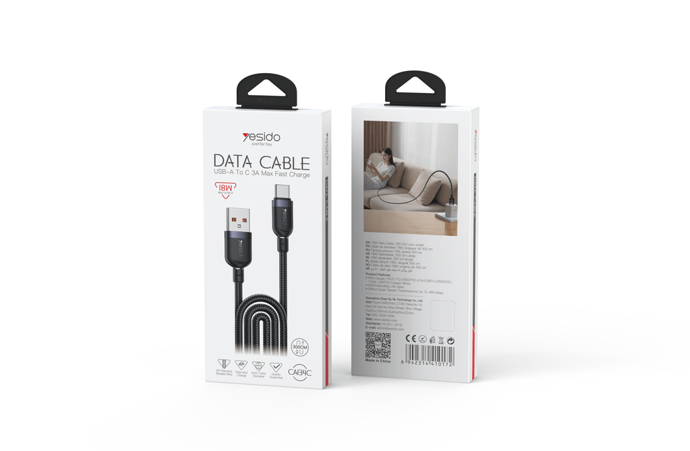 YESIDO CA134C 18W USB - A to Type - C Fast Charging Cable – 3 Meters - Saif Al Najmi KwData CablesyesidoSaif Al Najmi KwYESIDO CA134C 18W USB - A to Type - C Fast Charging Cable – 3 Meters